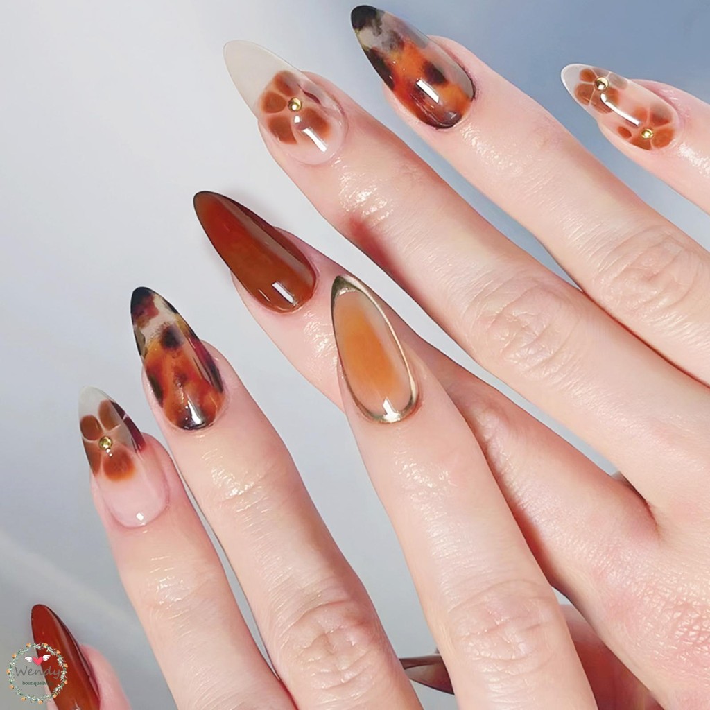 Leopard Press On Nails with Flower Print Previling Natural Look Press-On Nail Set