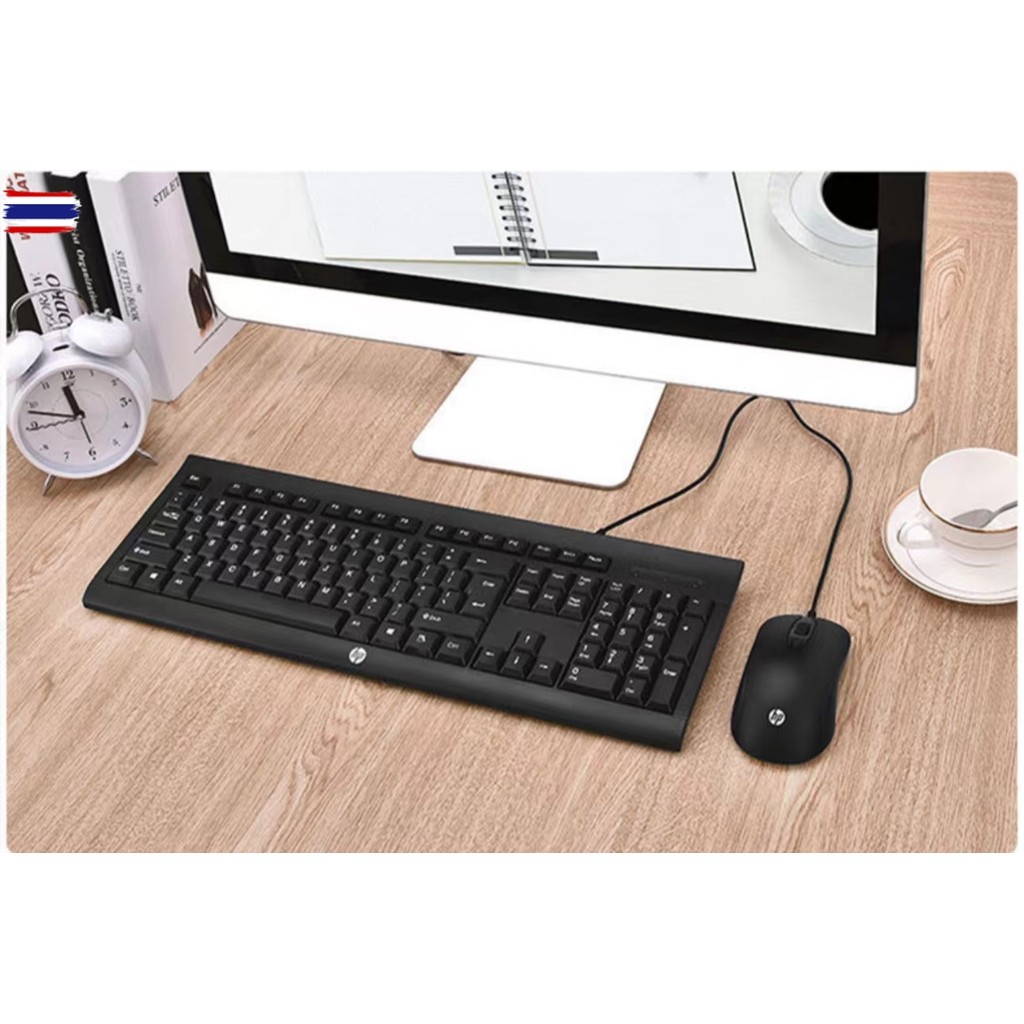 HP KM100 ชุดคีย์อร์ดและเมาส์แมีสายแล็ปท็อปคอมพิวเตอร์ตั้งโต๊ะธุรกิจสำนักงานเกมสากล