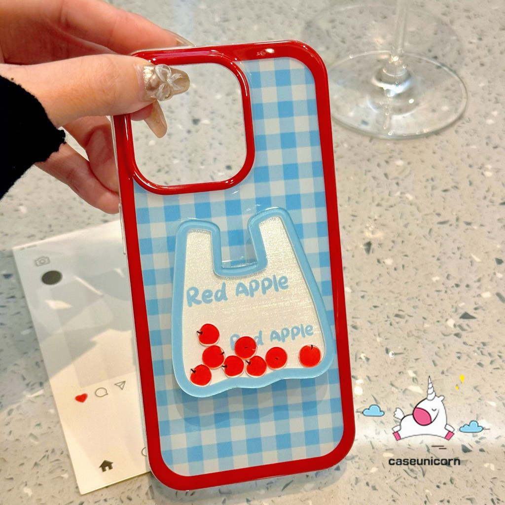 Tomato Rocker น่ารักขาตั้งสําหรับ IPhone 15 11 12 16 14 17 13 Pro Max Air 7Plus XR X 14 16 8 15 7 Plus XS Max SE 2020 Fresh Creative Dopamine Grid Transparent Soft Case
