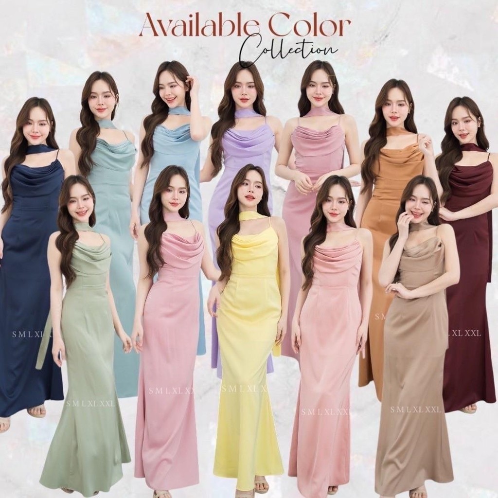 ชุดไปงานแต่ง ชุดไปงานแต่งงาน ชุดเดรส ชุดราตรี N291 ผ้าเครปซาติน เดรสยาว สายเดี่ยว คอถ่วง กระโปรงยาว เสื้อผ้า ผู้หญิง