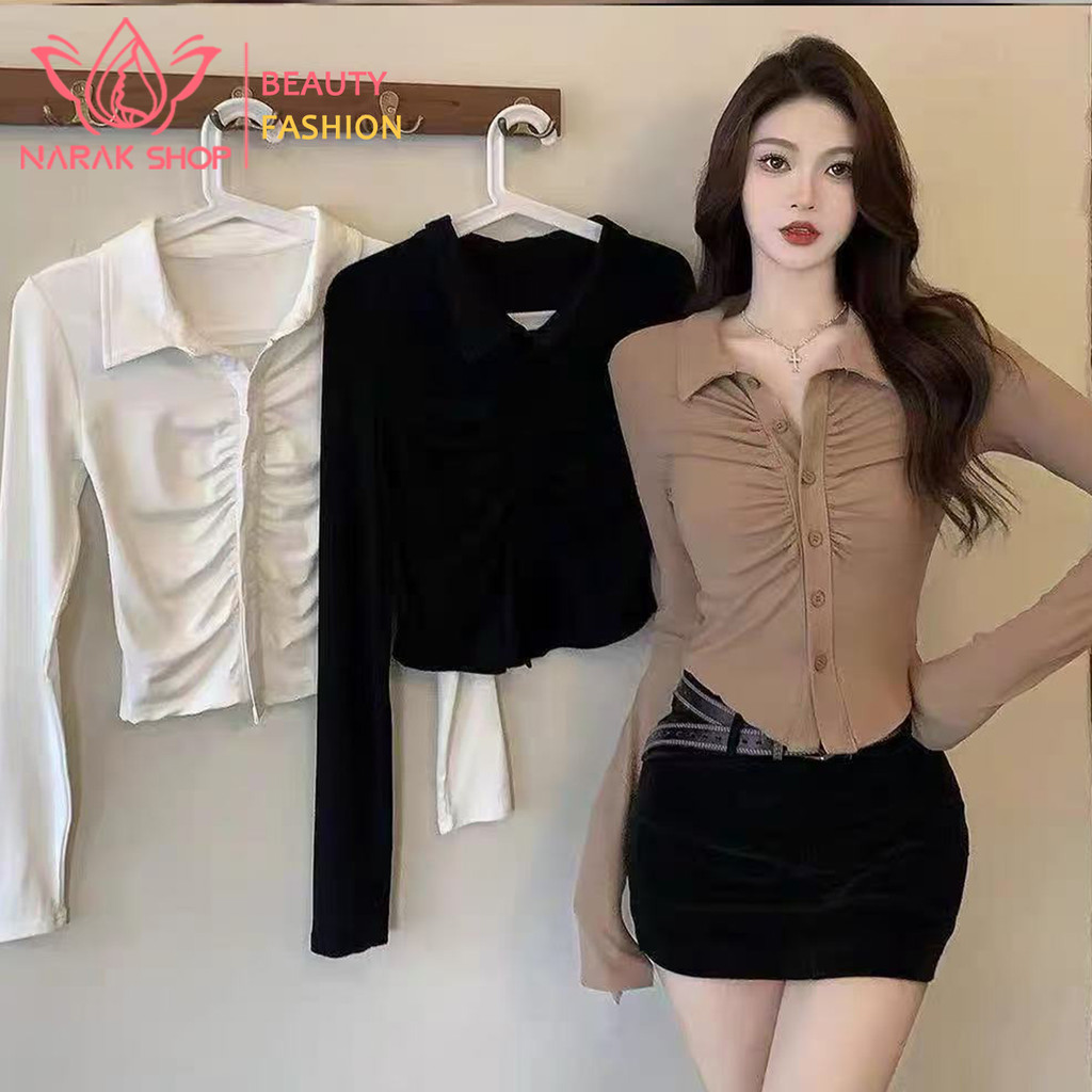 เสื้อครอปแขนยาวผู้หญิง คอวี ดูดีสำหรับฤดูร้อน