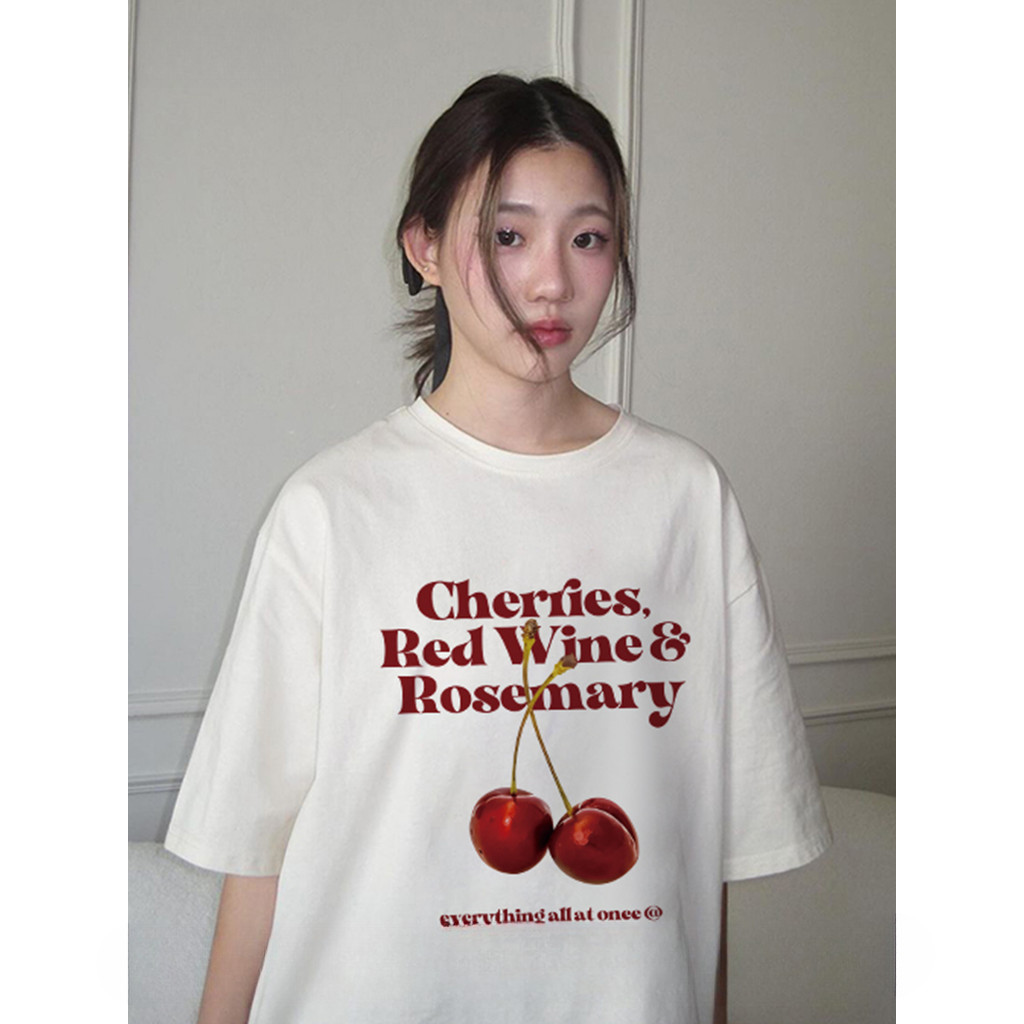 (จัดส่งตลอด 24 ชั่วโมง）Angle Official เสื้อยืด oversize - แฟชั่นหวานเชอร์รี่ตัวอักษรพิมพ์เสื้อยืดแขนสั้น #T811