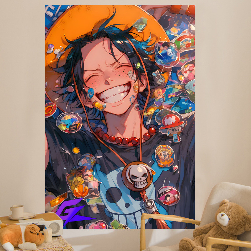 ผ้าพื้นหลังแนวตั้ง One Piece ผ้าแขวน Ins โปสเตอร์ ตกแต่งผนังข้างเตียงในหอพัก ผ้าผนังลูฟี่