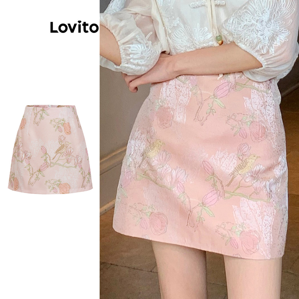 Lovito กระโปรงลายดอกไม้ลำลองสำหรับผู้หญิง L99ED051