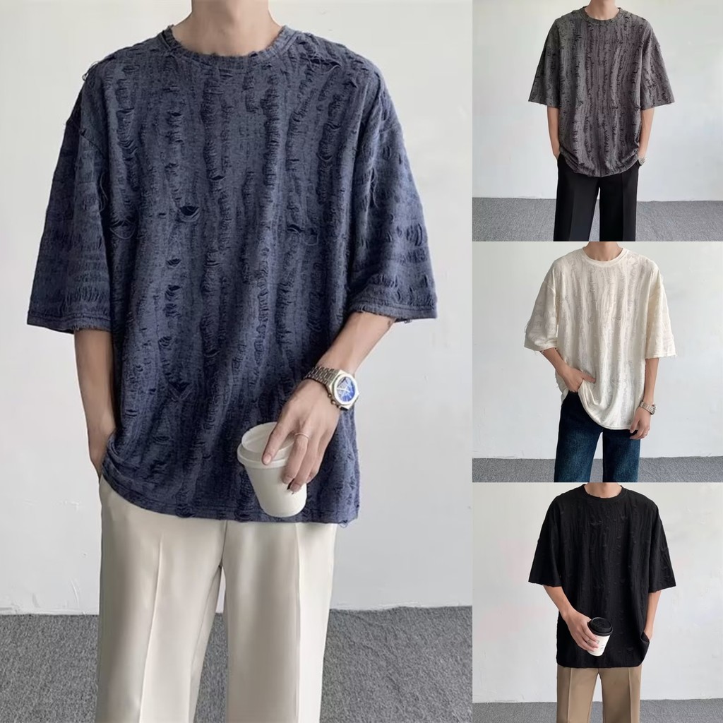 เสื้อยืดแขนสั้น แต่งรอยขาด แบบสองชั้น แฟชั่นทันสมัย สําหรับผู้ชาย