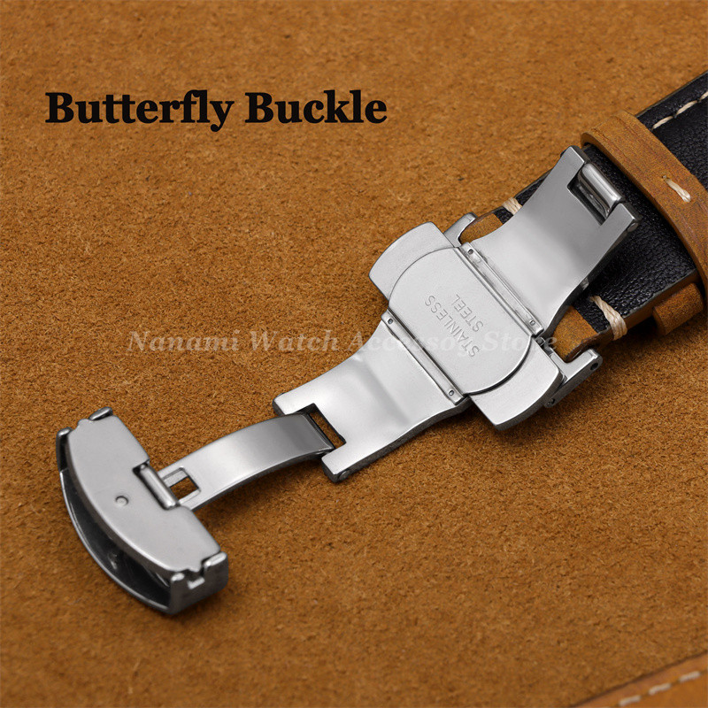 Retro Cowhide Quick Release สายนาฬิกา 14 มม.16 มม.18 มม.20 มม.22 มม.24 มม.หนังแท้หัวเข็มขัดผีเสื้อ Watchband ผู้ชายผู้หญิงธุรกิจสร้อยข้อมือเข็มขัด