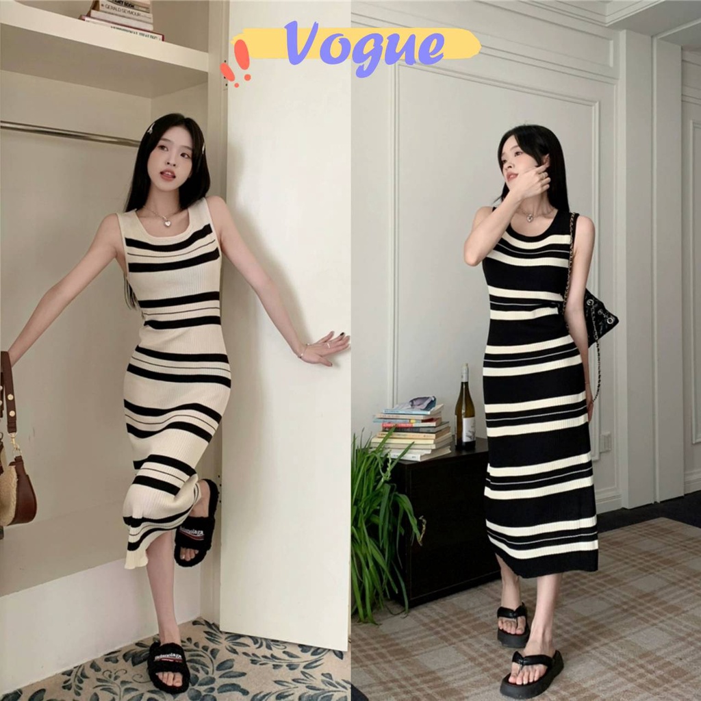Vogue🌟พร้อมส่ง🌟 ชุดเดรสไหมพรม ดีเทลลายทางใหญ่ใส่สบาย (12375) -C