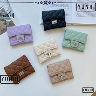 Yunhi กระเป๋าสตางค์ ใบสั้น หนัง PU ใส่เหรียญได้ ขนาดเล็ก สีพื้น สําหรับผู้หญิง