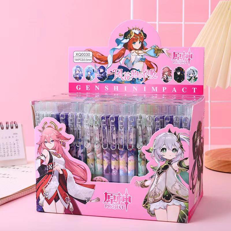 12 ชิ้น/ล็อต Kawaii เกม Roller Ball ปากกาการ์ตูนเครื่องเขียน Raiden Shogun Kamisato Ayaka Ganyu Hu Tao Nahida Yae Miko หมึกสีดําเจลปากกาเด็กเครื่องเขียนของขวัญ