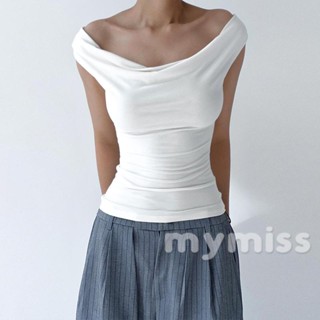 Mymiss1- เสื้อยืดแขนสั้น เปิดไหล่ คอเรือ เปิดหลัง ลําลอง เข้ารูป สีพื้น แฟชั่นฤดูร้อน สําหรับผู้หญิง