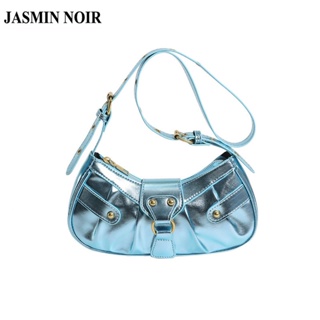 Jasmin NOIR หมุดย้ํา หนังสิทธิบัตร กระเป๋าสะพายไหล่ผู้หญิง รถจักรยานยนต์ กระเป๋าสะพายข้าง กระเป๋าถือ ใบเล็ก ครึ่งดวงจันทร์