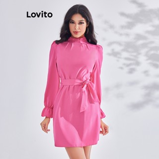 Lovito ชุดเดรส แขนบาสเก็ต จับจีบ เข็มขัด หรูหรา สําหรับผู้หญิง LBE03090 (สีชมพูสุดฮิต)