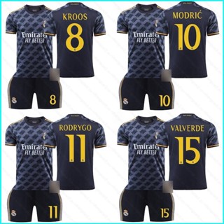 เสื้อยืด พิมพ์ลายการ์ตูนฟุตบอล Away Jersey Kroos Modric Valverde Rodrygo 23-24 สําหรับผู้ชาย 2 ชิ้น ต่อชุด