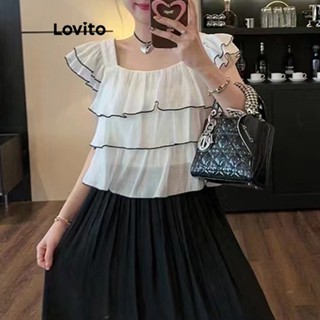 Lovito เสื้อเบลาส์ลําลอง แต่งระบาย สีพื้น สําหรับผู้หญิง LNE24034 (สีขาว/ดํา)