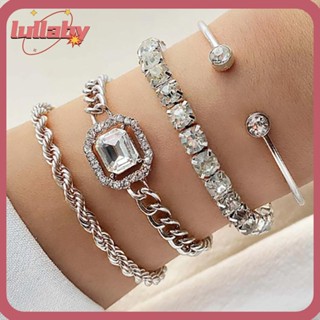 Lullaby สร้อยข้อมือโซ่โลหะ ประดับเพชรคริสตัล หรูหรา ปรับได้ สําหรับผู้หญิง 4 ชิ้น