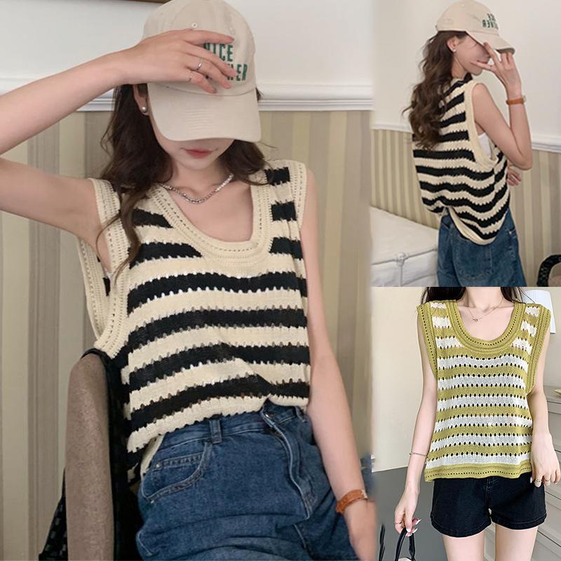 mimi&didi*พร้อมส่ง*เสื้อกั๊กไหมพรม ครอป เสื้อแฟชั่นแขนกุดผู้หญิง วินเทจ คอกลมใหญ่ ผ้าถักลายทางสไตล์เกาหลี#1816
