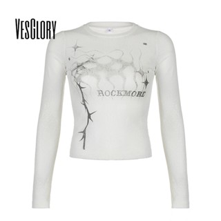 Vesglory เสื้อครอปท็อป แขนยาว คอกลม พิมพ์ลาย สีพื้น ทรงสลิมฟิต แฟชั่นสําหรับผู้หญิง 2023