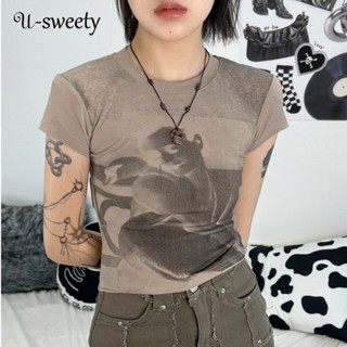 U-sweety เสื้อยืดลําลอง แขนสั้น คอกลม พิมพ์ลาย สําหรับสตรี 2023