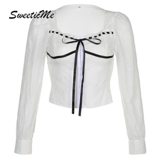 Sweeticme ใหม่ เสื้อครอปแขนยาว คอสี่เหลี่ยม เข้ารูป สีตัดกัน แฟชั่นสําหรับผู้หญิง 2023