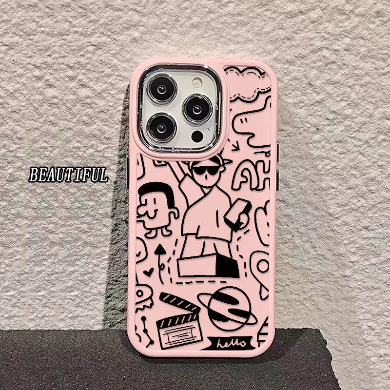 เคสโทรศัพท์มือถือ ซิลิโคนนุ่ม กันกระแทก ลายกราฟฟิตี้ เด็กผู้หญิง ปุ่มโลหะ สําหรับ IPhone 15 14 13 12 11 Pro Max XS X XR 8 + 7 Plus