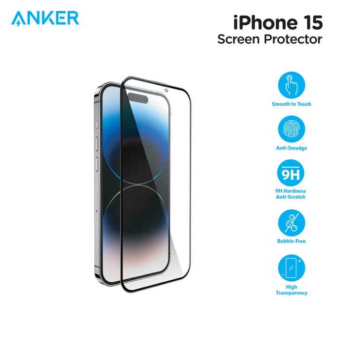 Anker New lPhone 15Series A72 ปกป้องหน้าจอ (กระจกนิรภัย, กรอบติดตั้งง่าย)