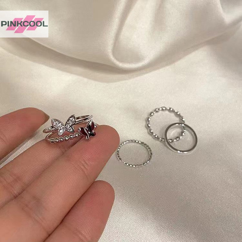 Pinkcool แหวนโลหะ รูปผีเสื้อ ปรับได้ สไตล์ฮิปฮอป พังก์ 3 ชิ้น 4 ชิ้น