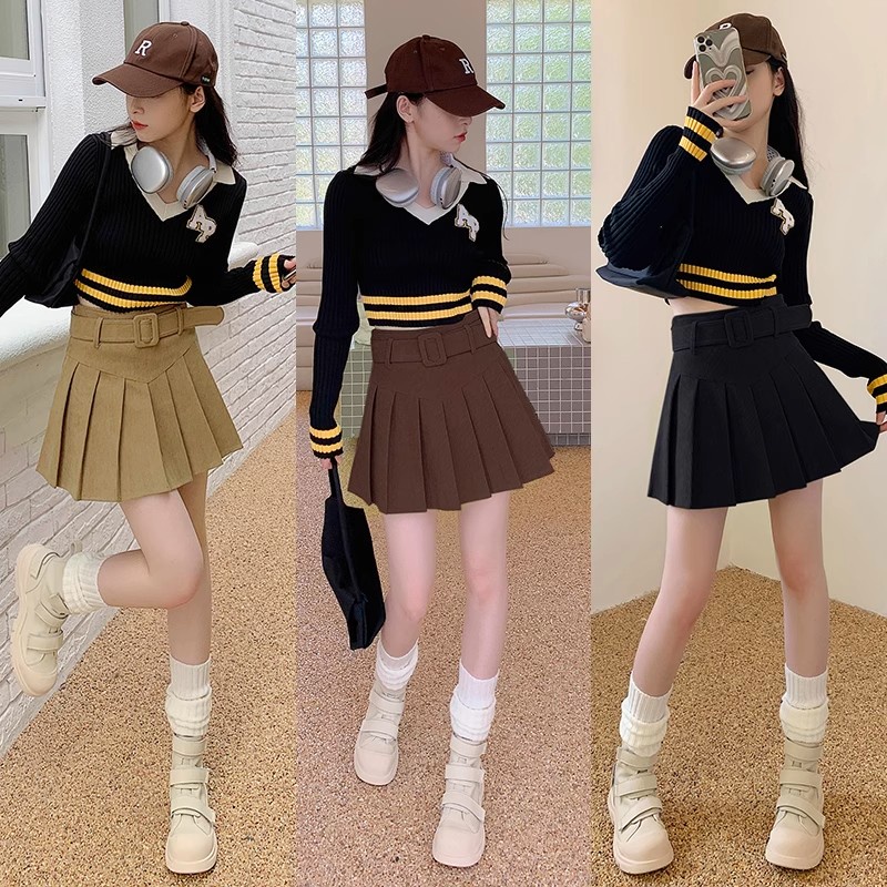 พร้อมส่ง  กระโปรงเทนนิสลูกฟูก ไซส์S-5XLเข็มขัดวินเทจ ซิปด้านข้าง ชุดเที่ยว