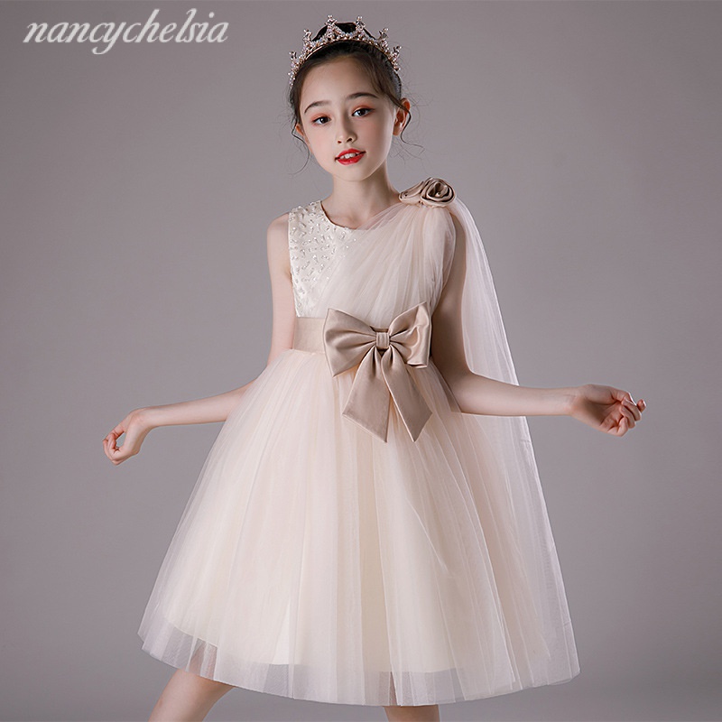 สาวสีขาวสีชมพูงานแต่งงานเพื่อนเจ้าสาวชุดโบว์ตาข่ายชุดเด็กวันเกิดเจ้าหญิงตูชุดเด็ก3-14ปีขนาด6,8,10,12