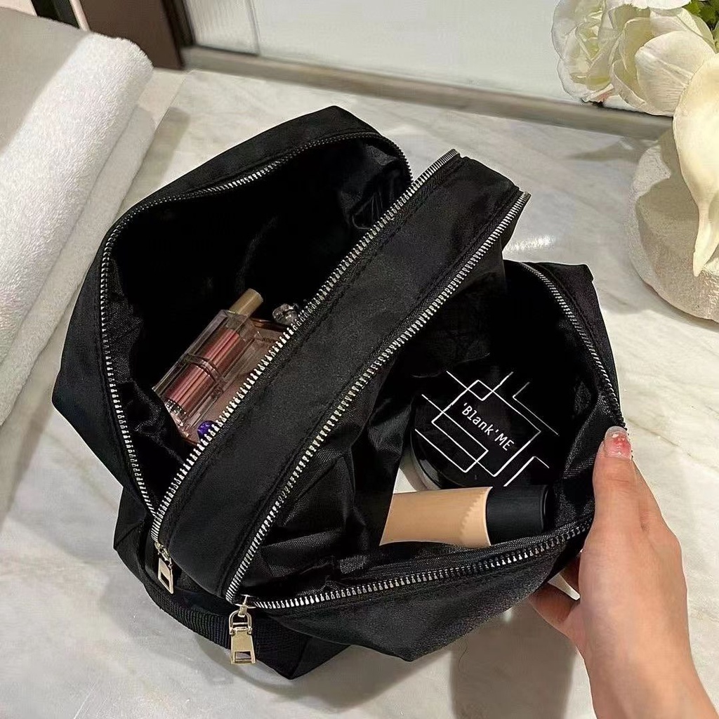 กระเป๋าเครื่องสําอาง อเนกประสงค์ แต่งซิปคู่ ขนาดใหญ่ จุของได้เยอะ สีดํา 2023 - รูปที่ 2