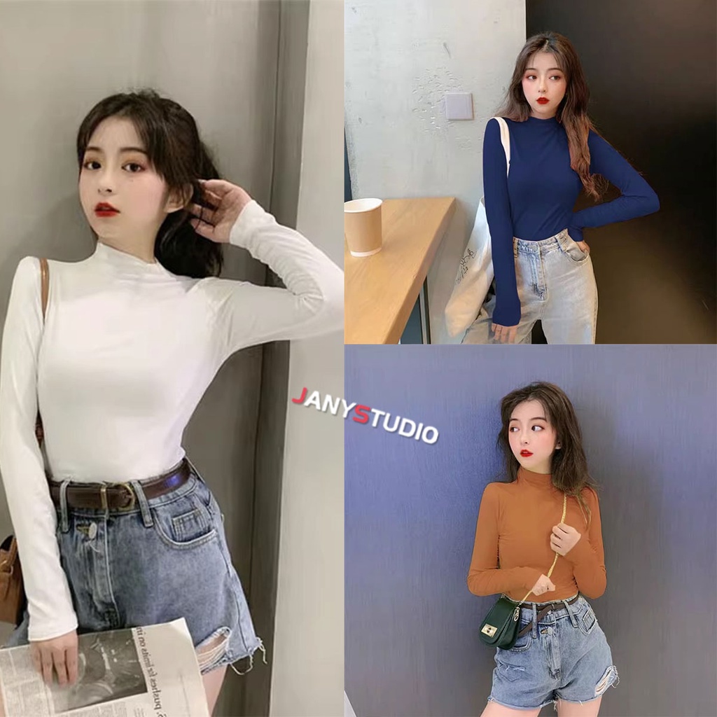 Aooao- เสื้อครอปท็อป แขนยาว คอกลม สีพื้น สําหรับผู้หญิง
