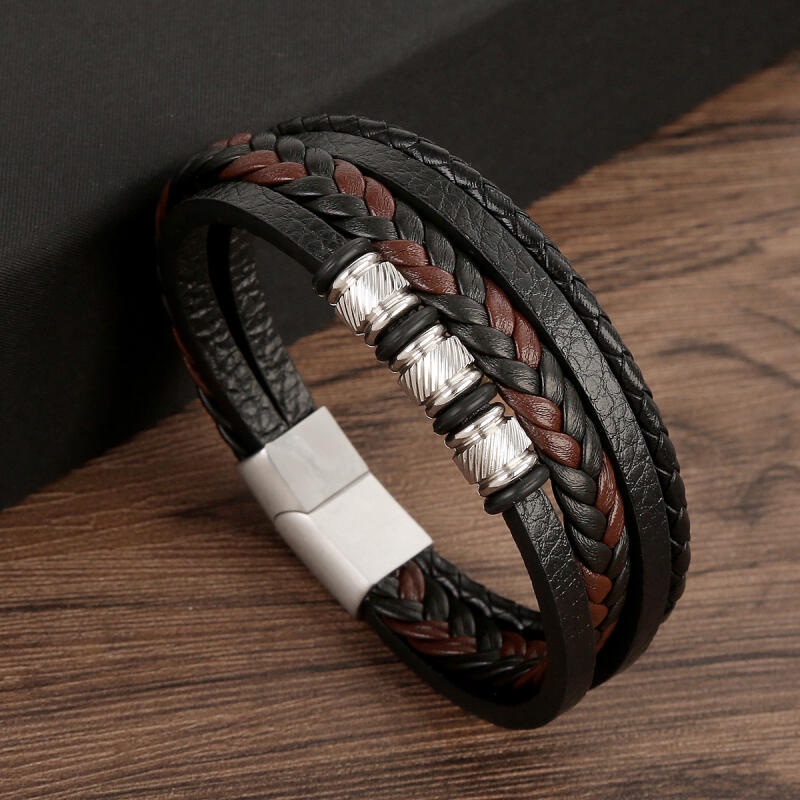 เครื่องประดับ สร้อยข้อมือ สายหนัง ประดับลูกปัด และหัวเข็มขัดแม่เหล็ก แบบหลายชั้น สไตล์เรโทร สําหรับผู้ชาย