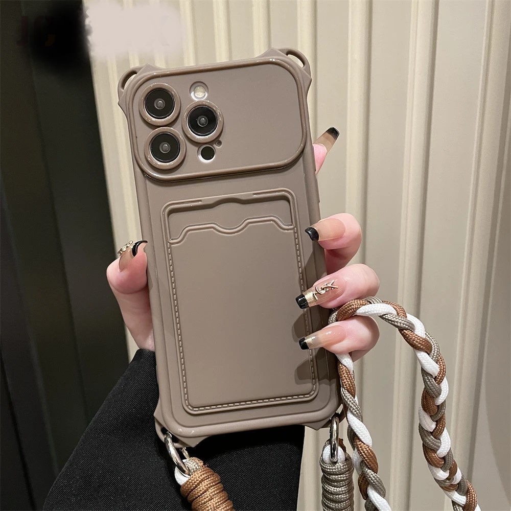 เคสโทรศัพท์มือถือ แบบนิ่ม พร้อมสายคล้องคอ และช่องใส่บัตร หรูหรา สําหรับ IPhone 15 15 14 Pro Max 13 12 11 Pro X XR XS