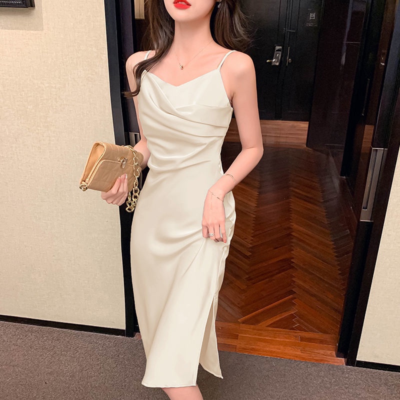 ชุดเดรสยาว ผ้าซาติน เข้ารูป ระดับไฮเอนด์ แฟชั่นฤดูร้อน สไตล์ฝรั่งเศส สําหรับสตรี 2023