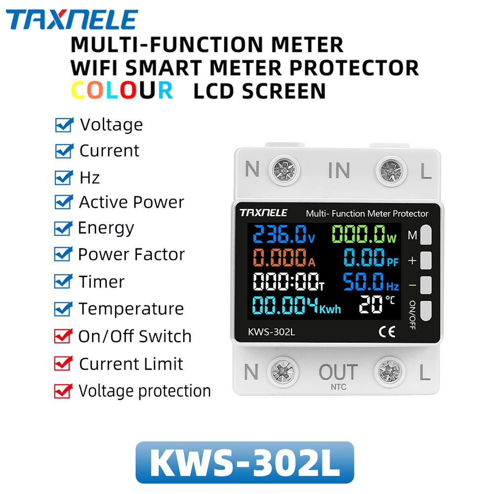 8in1 สวิตช์รีเลย์เบรกเกอร์ มิเตอร์วัดอุณหภูมิ ป้องกันแรงดันไฟฟ้าเกิน kWh KWS-302L