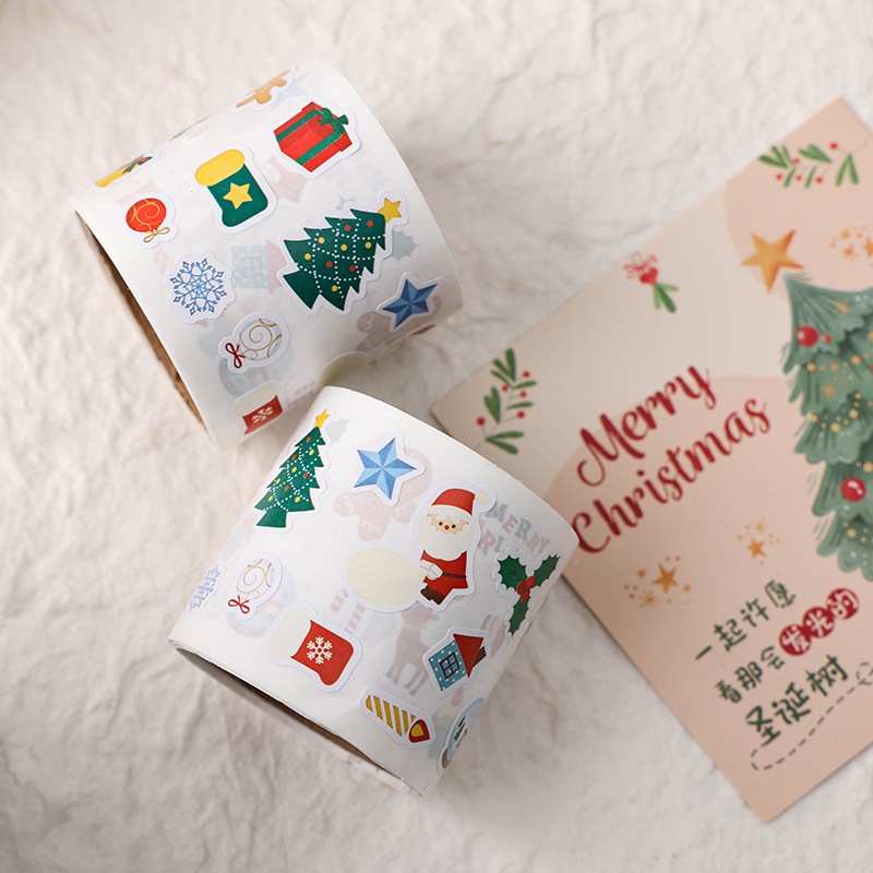 【300 ชิ้น/ม้วน】สติกเกอร์ฉลาก ลายคริสต์มาส มีกาวในตัว สําหรับติดตกแต่ง