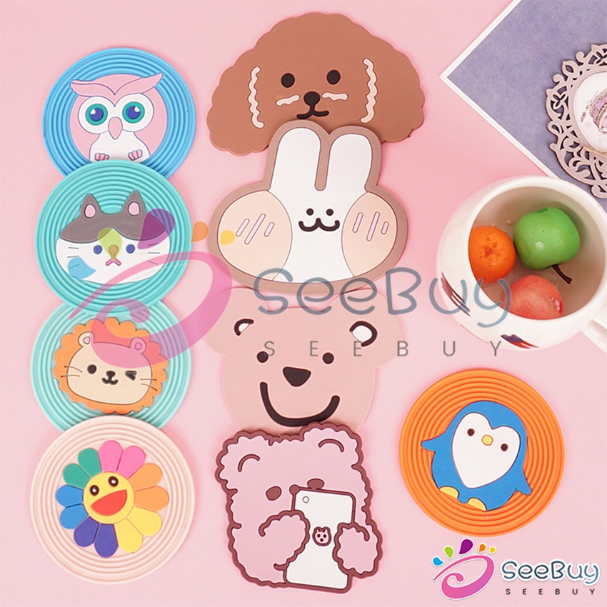 SUY ที่รองแก้ว PVC ลายการ์ตูน วัสดุกันลื่น ​ล้างได้  ทนความร้อน Cartoon PVC Coaster