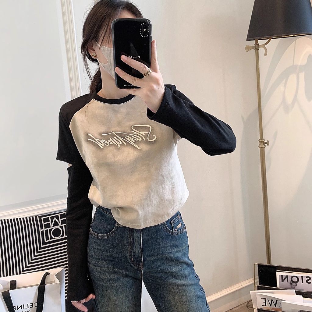 Bh เสื้อยืดคอกลม แขนยาว ผ้าฝ้าย ปักลาย สีตัดกัน แฟชั่นสําหรับผู้หญิง