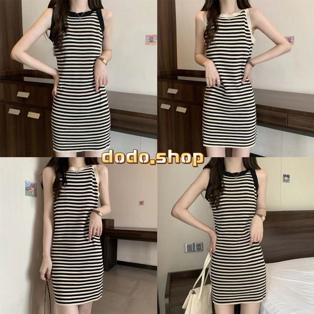 DODO*สินค้าใหม่พร้อมส่ง*เดรสสั้นแขนกุดผ้าถัก ลายทางสีพื้น ทรงเข้ารูปผ้าใส่สบาย(25053-1)