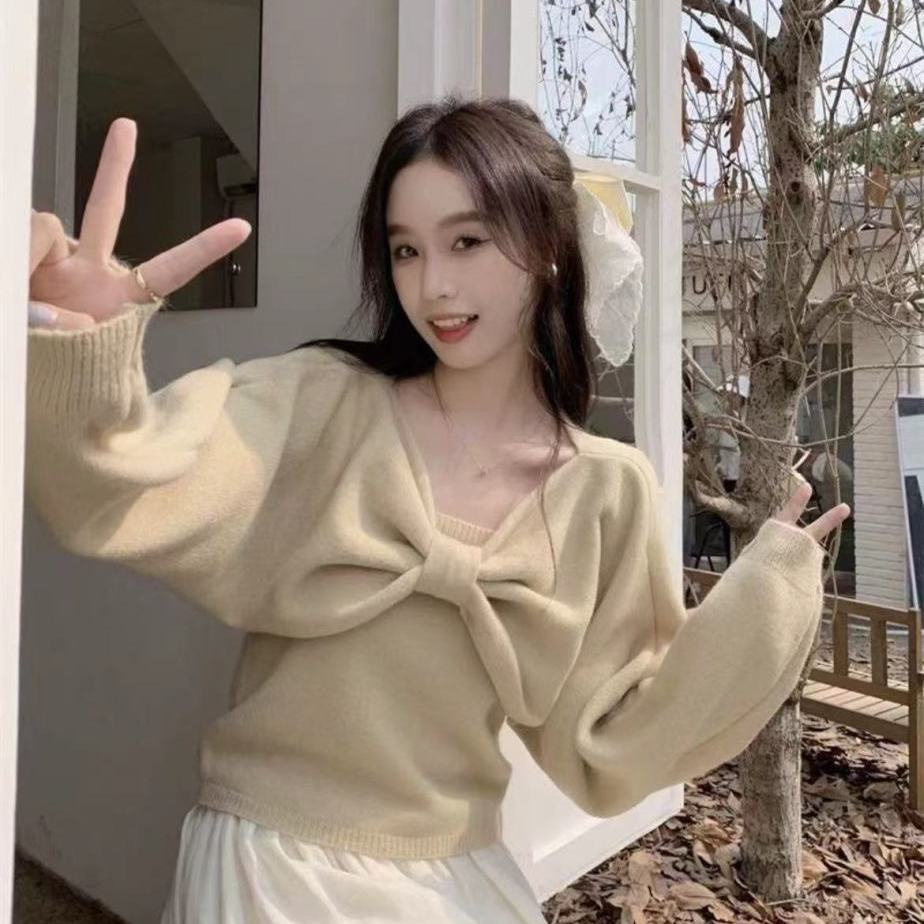 เสื้อกันหนาวแขนยาว ผ้าถัก ประดับโบว์ สองชิ้น แฟชั่นฤดูใบไม้ร่วง สําหรับผู้หญิง
