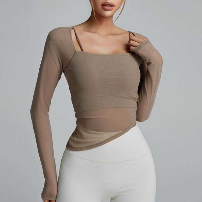 【LASYYOGA】(เบาะคงที่) เสื้อกีฬา เสื้อโยคะ แขนยาว ตาข่าย วิ่ง ฟิตเนส ผู้หญิง