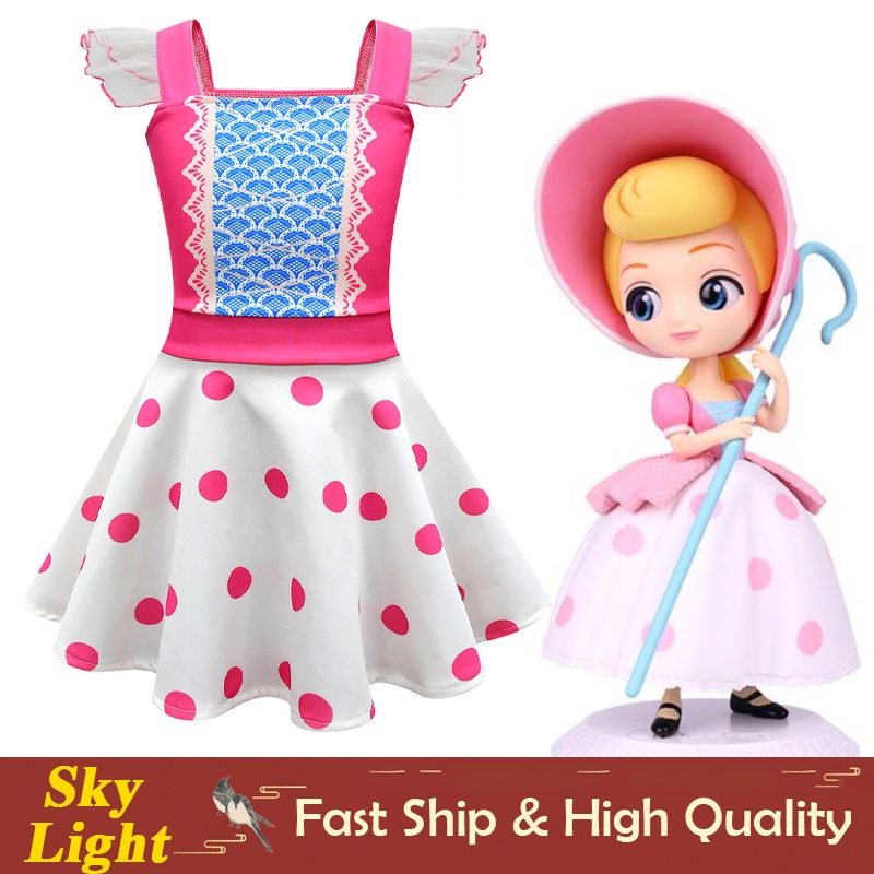 ชุดเดรสคอสเพลย์ Toy Story 4 Bo Beep แขนสั้น สีชมพู สีขาว สําหรับเด็กผู้หญิง เหมาะกับฮาโลวีน คริสต์มาส