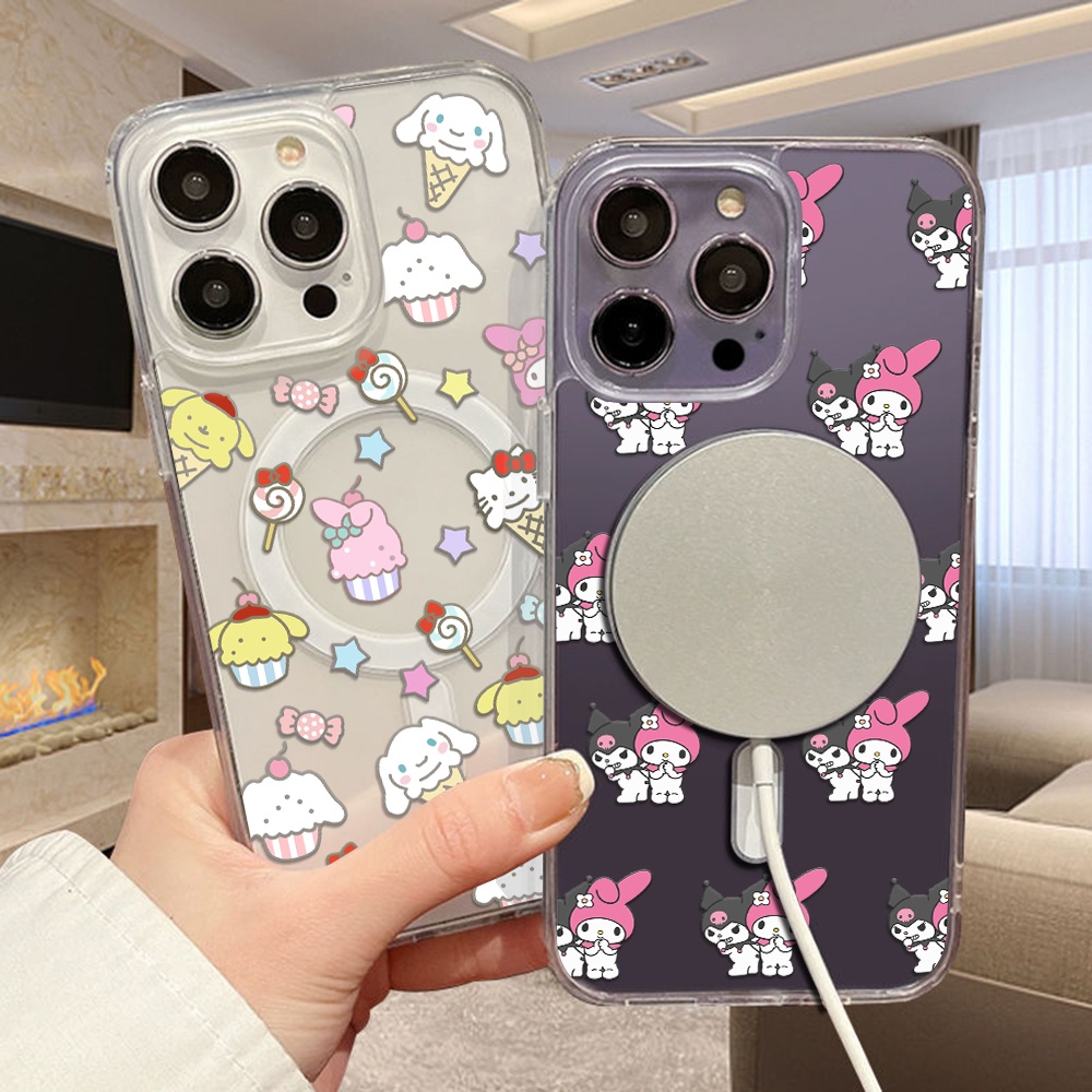 เคสโทรศัพท์มือถือ แบบแม่เหล็ก กันกระแทก ลาย Cinnamoroll Kuromi Melody Pochacco BAPE Spider-Man Macio สําหรับ Iphone 15 14 11 13 12 X XS Pro Max Xr Mini Xr 7 8 Plus