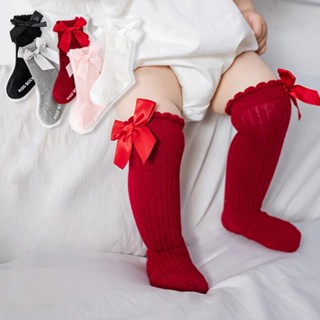 ถุงเท้ายาว ผ้าฝ้าย กันลื่น ประดับโบว์ สีพื้น สไตล์เจ้าหญิง ส…