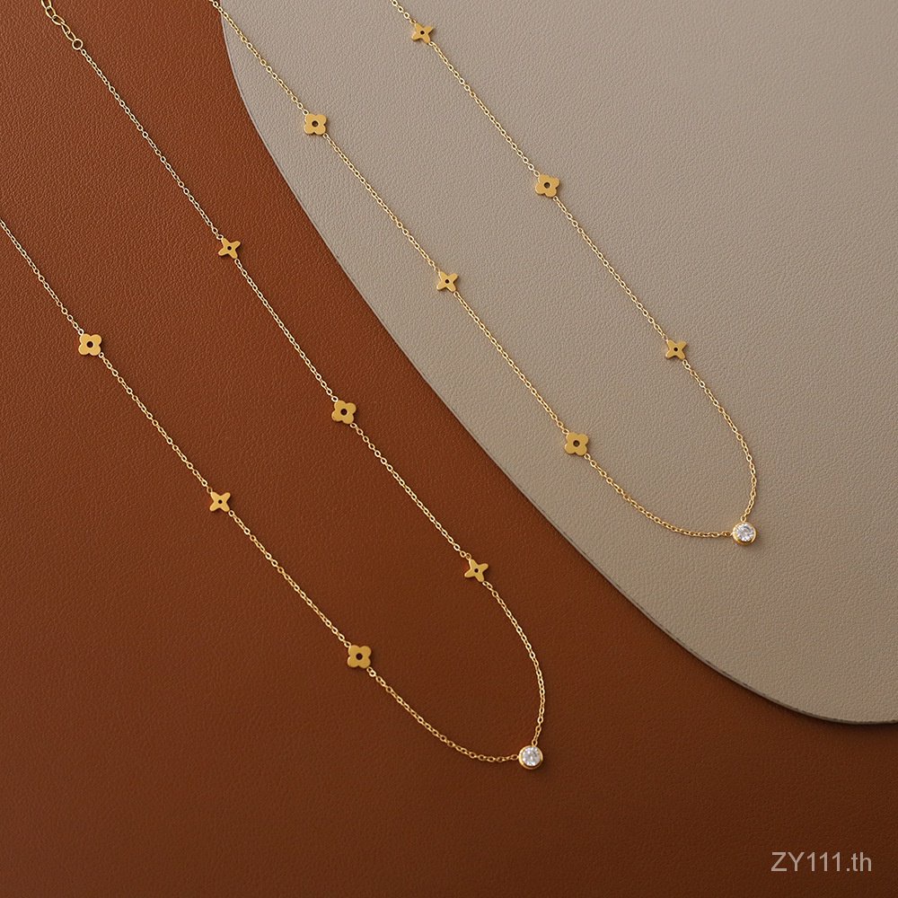 สร้อยคอโซ่เหล็กไทเทเนียม ชุบทอง 18K จี้รูปดอกไม้ ประดับเพชร ไหปลาร้า เครื่องประดับแฟชั่น