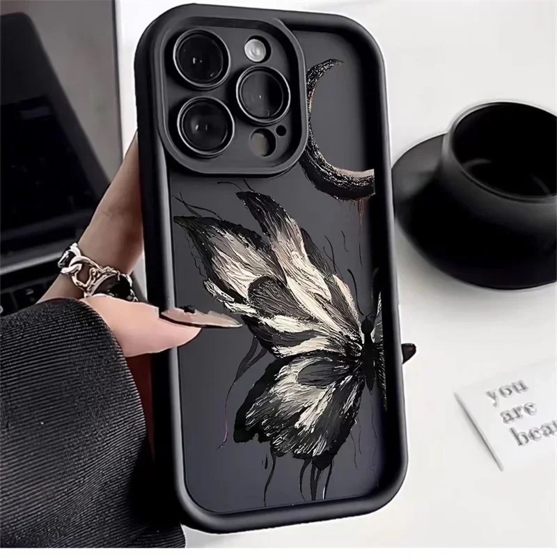 เคสโทรศัพท์มือถือ ซิลิโคน กันกระแทก ลายภาพวาดสีน้ํามัน รูปผีเสื้อ สําหรับ iPhone 15 14 13 12 11 Pro Max XS X XR 7 8 15 Plus SE 2022