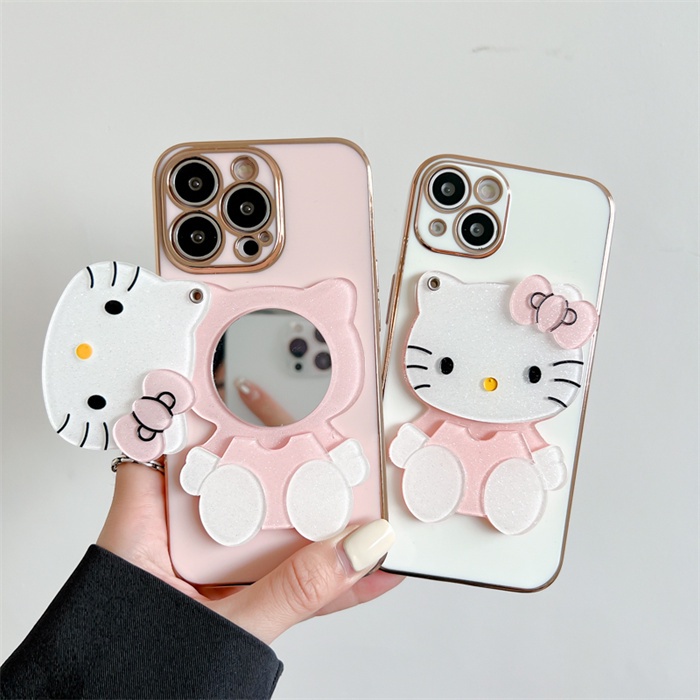 เคสโทรศัพท์มือถือ TPU แบบนิ่ม ลายเฮลโลคิตตี หรูหรา มีกระจกแต่งหน้า สําหรับ iPhone 15 Pro Max 14 13 12 11 X XS Max XR 7 8 Plus SE 2020 15Plus