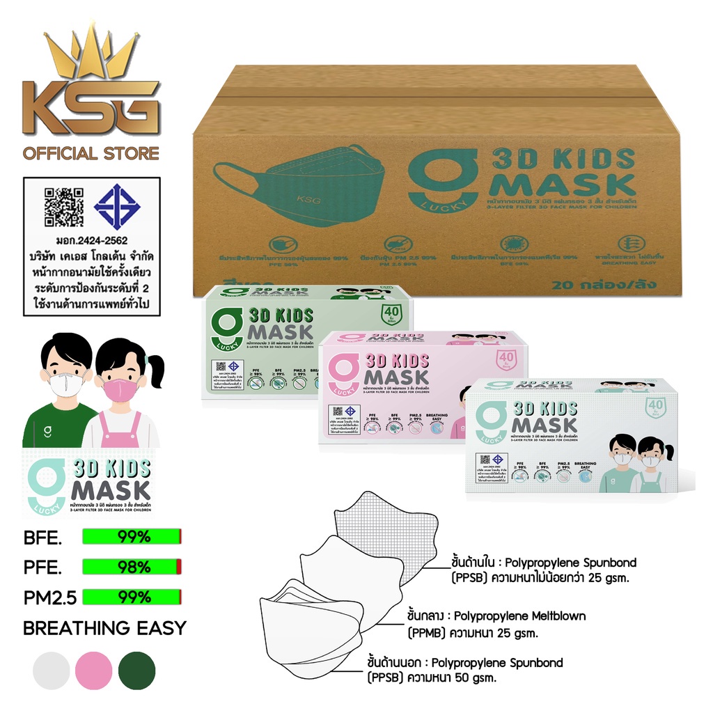 [KSG Genuine] หน้ากากอนามัย สำหรับเด็ก ทรง 3 มิติ หนา 3 ชั้น G LUCKY 3D KIDS Face Mask 3-Layer (ยกลัง บรรจุ 20 กล่อง)