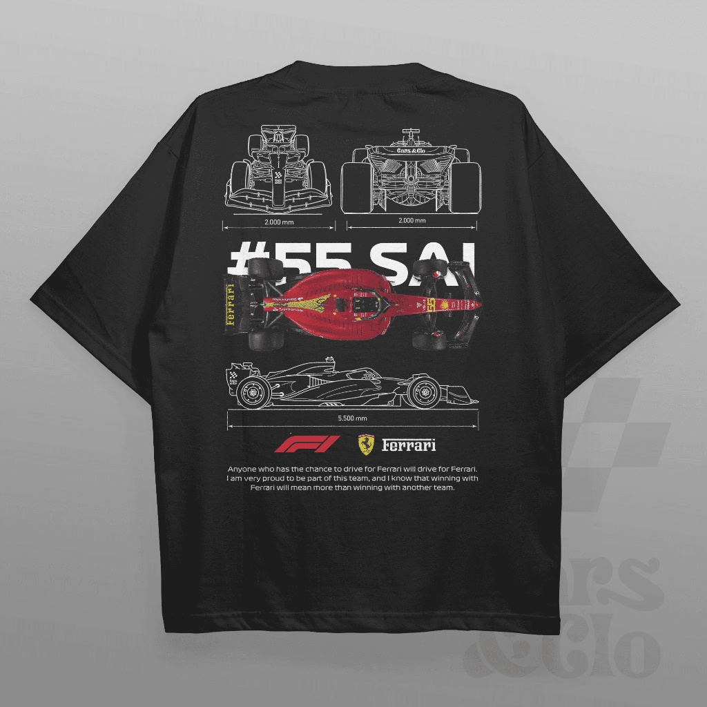 เสื้อยืด พิมพ์ลายรถยนต์ และ Clo - Regular Fit สีดํา - F1 Ferrari Blueprint