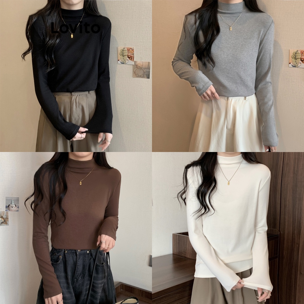 Lovito เสื้อยืดผู้หญิง คอกลม สีพื้น สไตล์ลำลอง LNE34041 (สีกากี/กาแฟ/เทาอ่อน/ขาว/ดำ)