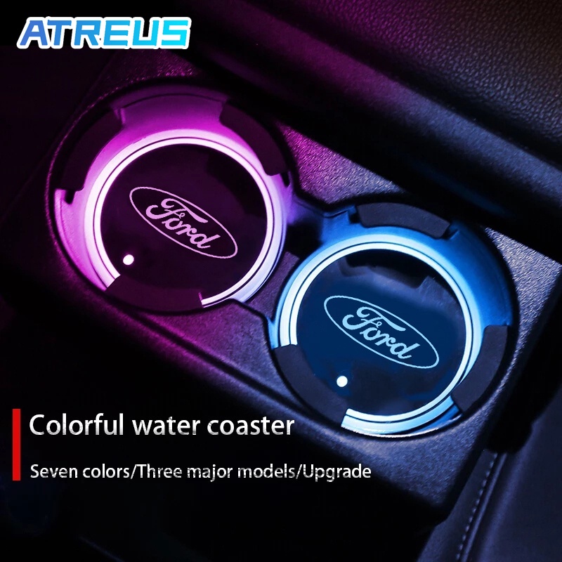 Ford ที่วางแก้วน้ำในรถยนต์มีไฟ Led 7 สี แผ่นรองแก้วกันลื่น ชาร์จใหม่ได้ ที่รองแก้วน้ำ สำหรับ Ford Ra